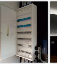 Open zekeringskast met modulaire automaten &mdash; recente installatie.
